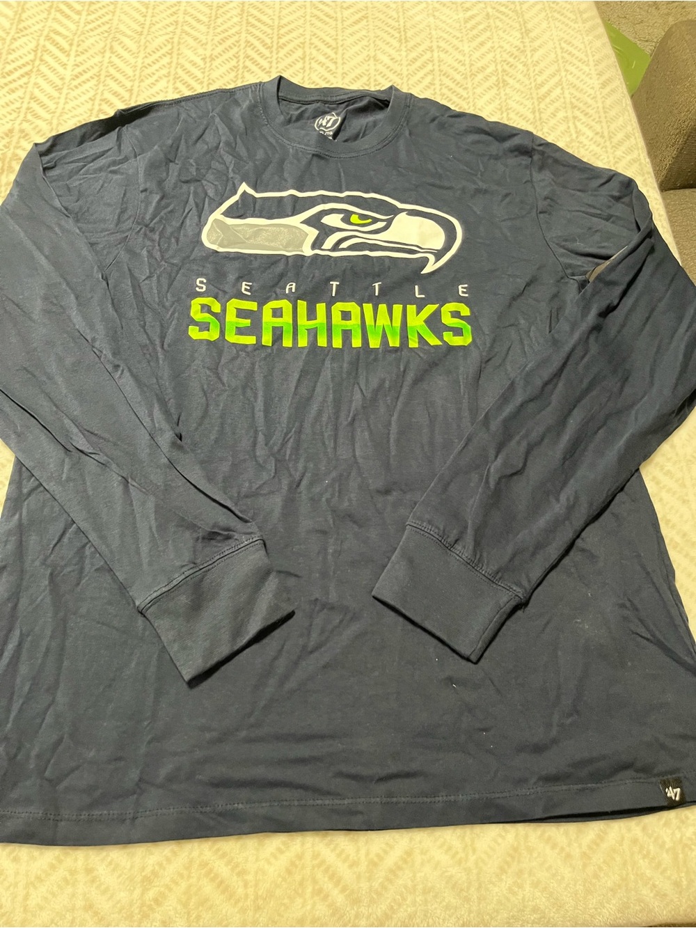 47 Seattle Seahawks Navy Long Sleeve Shirt with Neon Green Logo XL